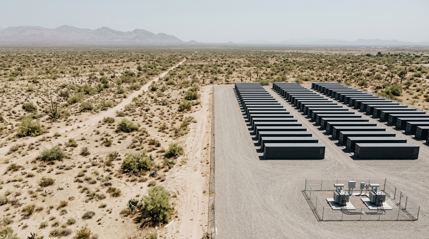 Concept render of a modular compute deployment in high desert terrain.